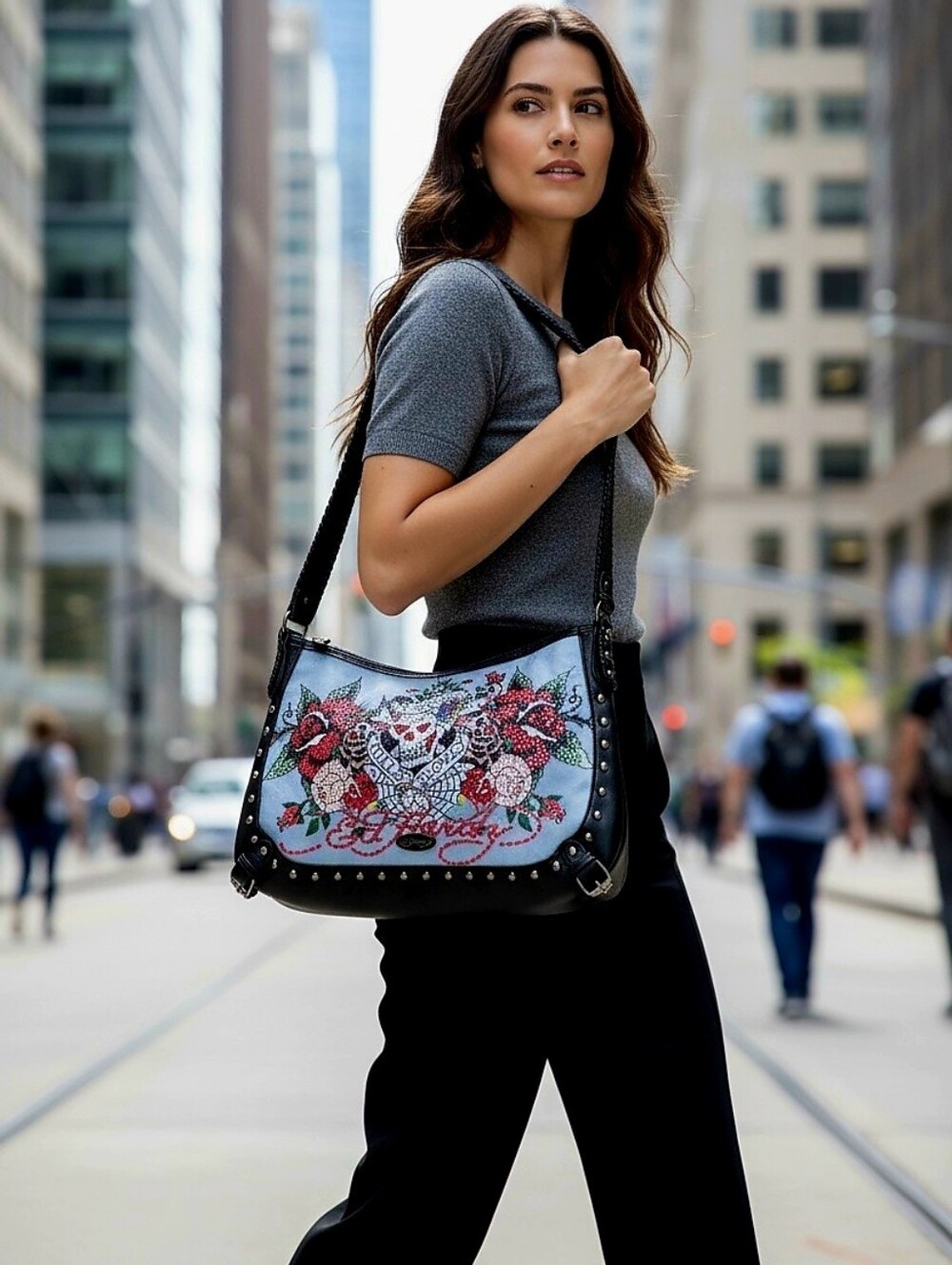 NWT ED HARDY Love Kills Slowly Roses Skull  Rhinestone Denim Hobo  Bag 17"x12"